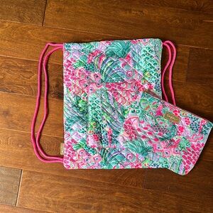 Lilly Pulitzer string backpack and pouch.